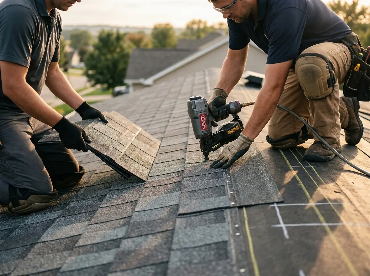 Professional roofer working on a residential roof in Seven Oaks
